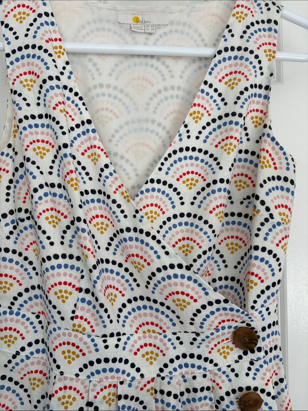 Boden Cotton/Linen Sleeveless V-Neck White Dress with Multicolor Dot Fan Print - Picture 4 of 14